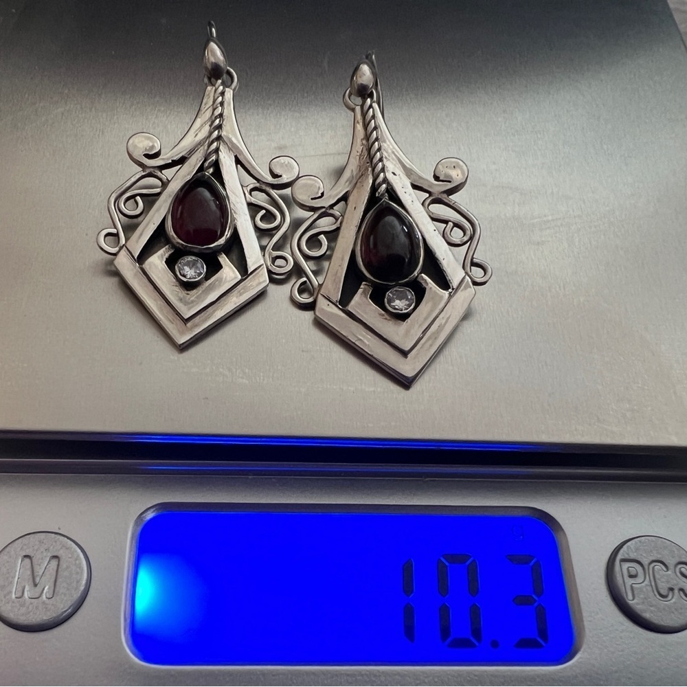 ❤️ Garnet Sterling 925 Earrings 10.3gms Art-Deco Boho Ethnic Theme 1970’s - Picture 5 of 10